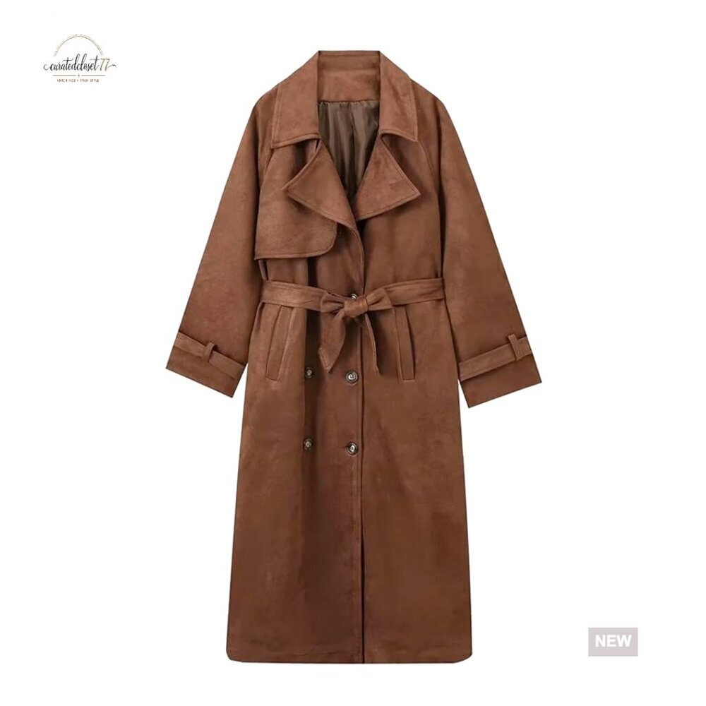 Faux Suede Trench Coat Double Breasted Pea Coat with Belt